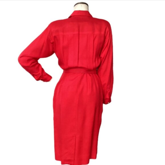 Liz Claiborne 100% Silk Shirt Dress Embroidered Pocket Belted Petite 6 Red #189A - Picture 6 of 13